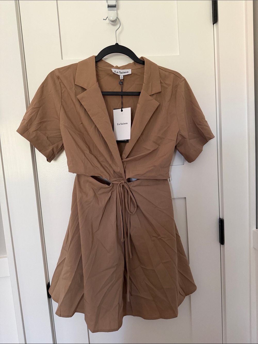 En Saison Camel Tie-Front Short Sleeve Mini Dress